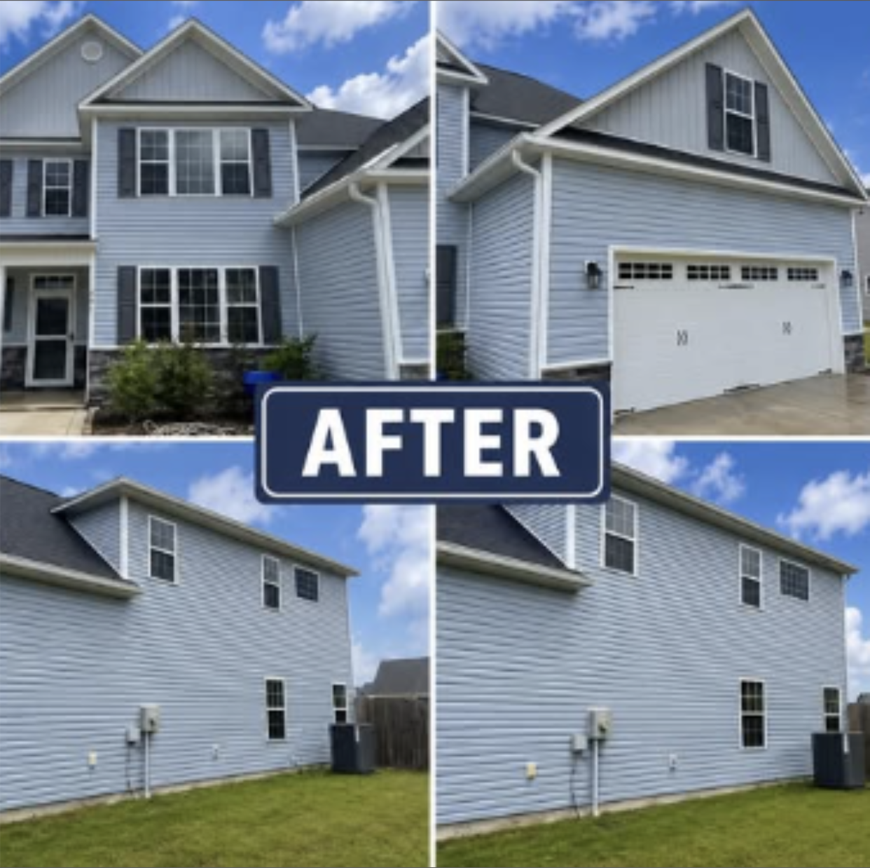 House washing after, Jacksonville, NC: four elevations of the same blue sided home fully cleaned