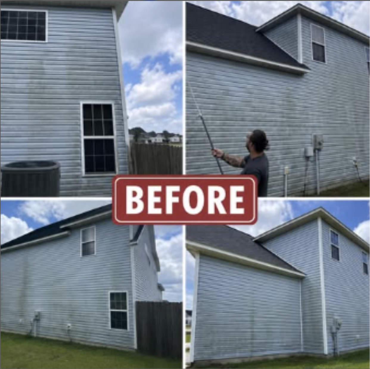 House washing before and after in Jacksonville, NC: four elevations of a blue sided home with dirt and green growth