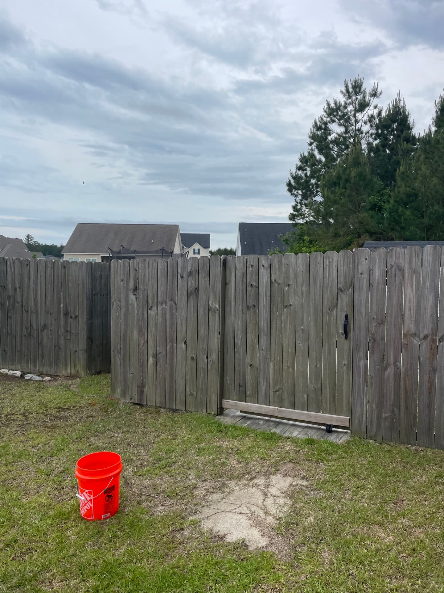 Fence cleaning before and after in Jacksonville, NC: gray weathered wood privacy fence with algae growth